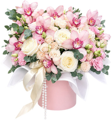 Композиция из роз, орхидей и эустомы «Симфония нежности»